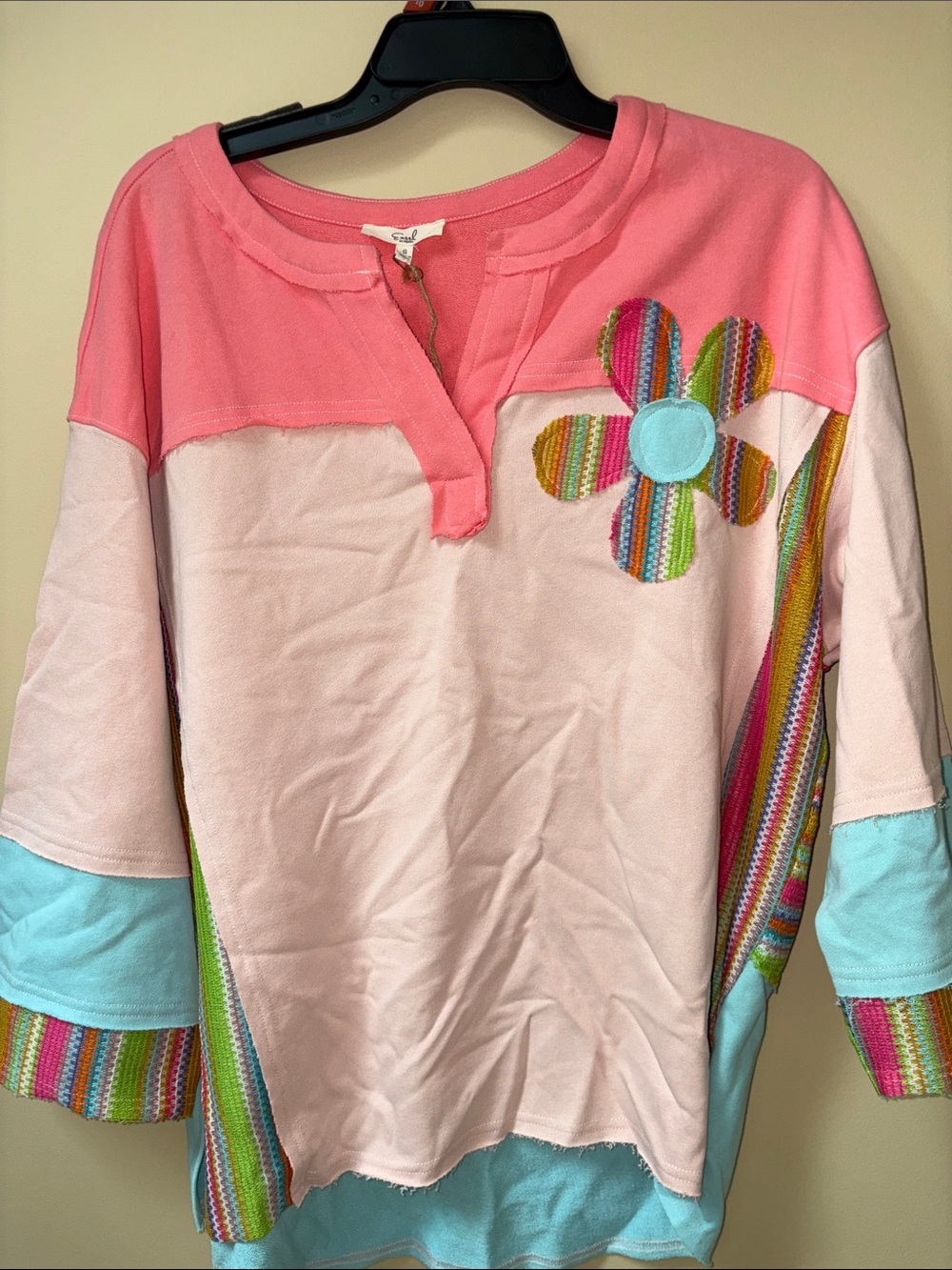 easel Pink & Light Blue Flower Appliqué Layered-Look Pullover